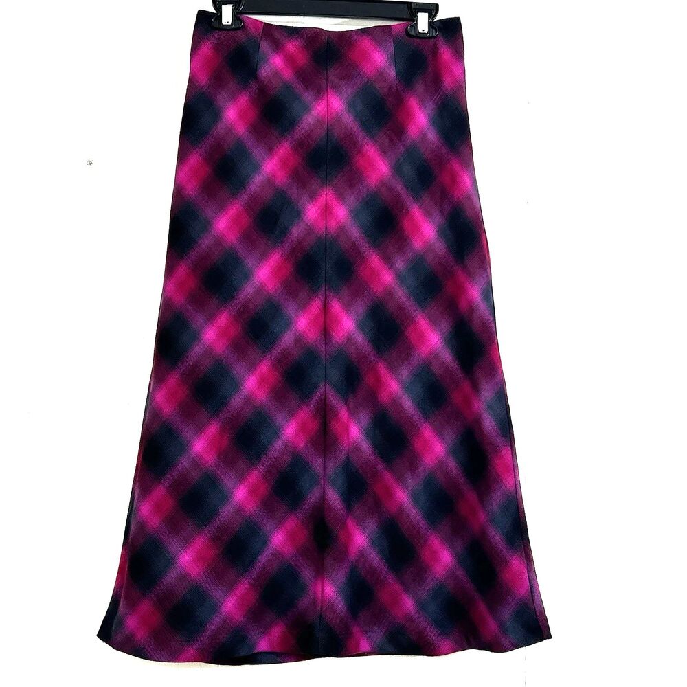 Chadwick’s Midi Skirt Size 2 Petite Plaid A Line Black Magenta Skirt Lined
